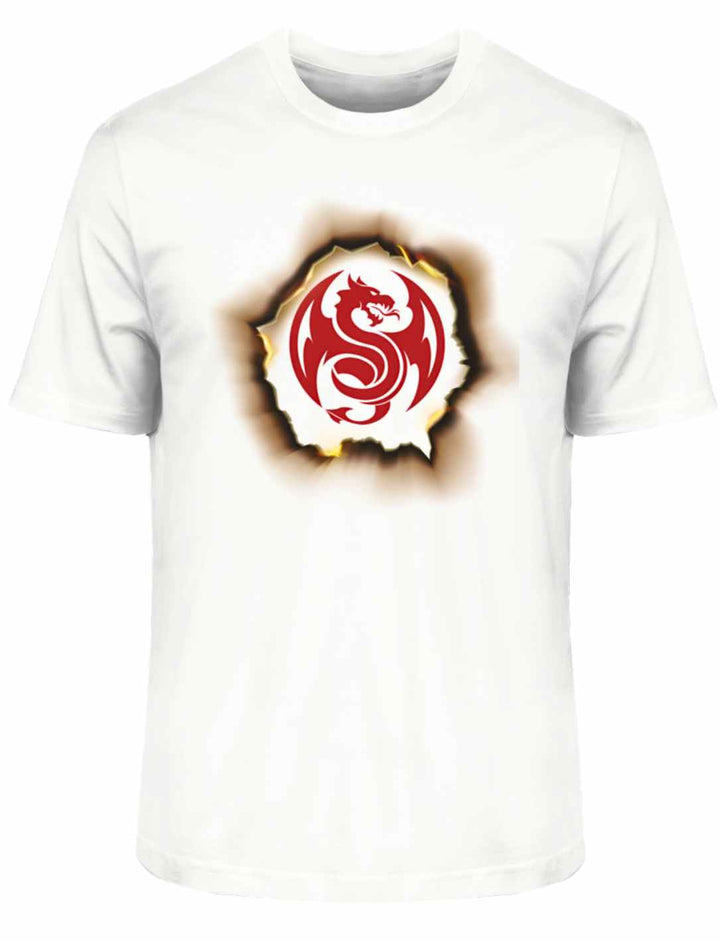 Weißes Flaming Dragon Heart T-Shirt auf weißem Hintergrund