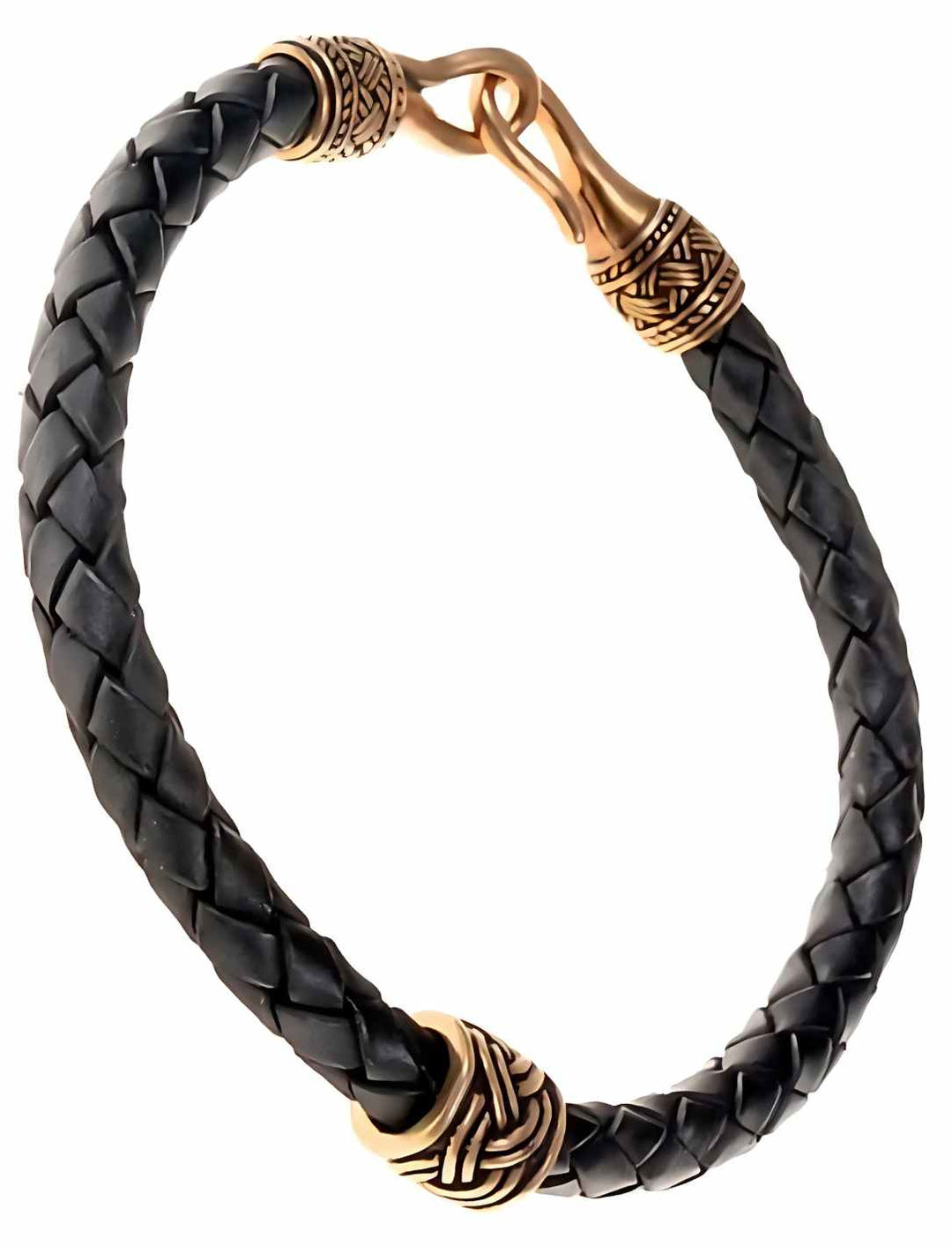 Geflochtenes Lederarmband mit Bronze Elementen. Inspiriert von der nordischen Wikinger-Kultur, auf weißem Hintergrund.