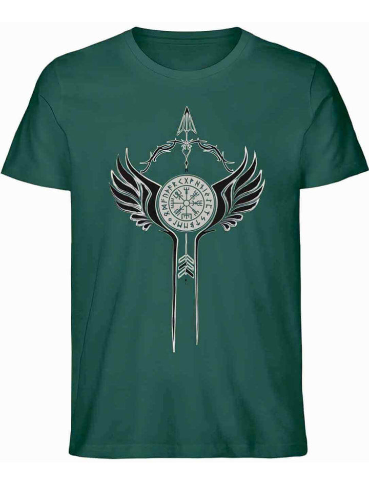 Unisex Organic Shirt in Glazed Green mit dem Design ‘Flügel des Nordens’ – harmonische grüne Farbe mit einem Wikinger-inspirierten Motiv aus Flügeln und Runen.