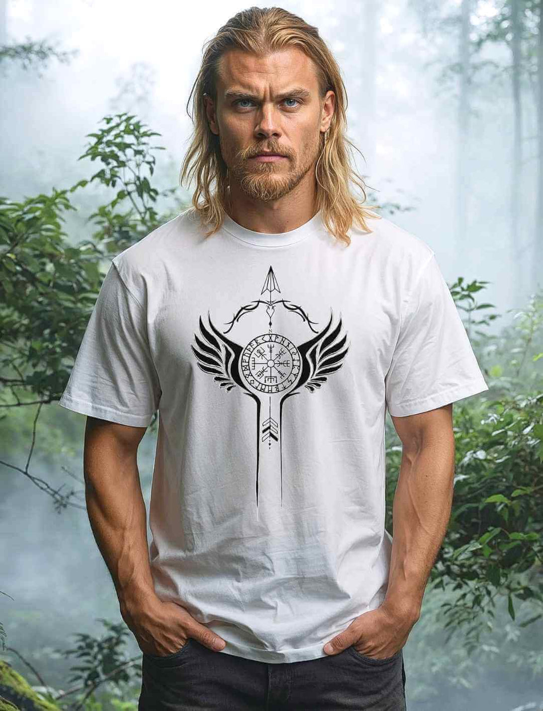 Flügel des Nordens  - Unisex Organic Shirt in weiss präsentiert von einem männlichen Model.