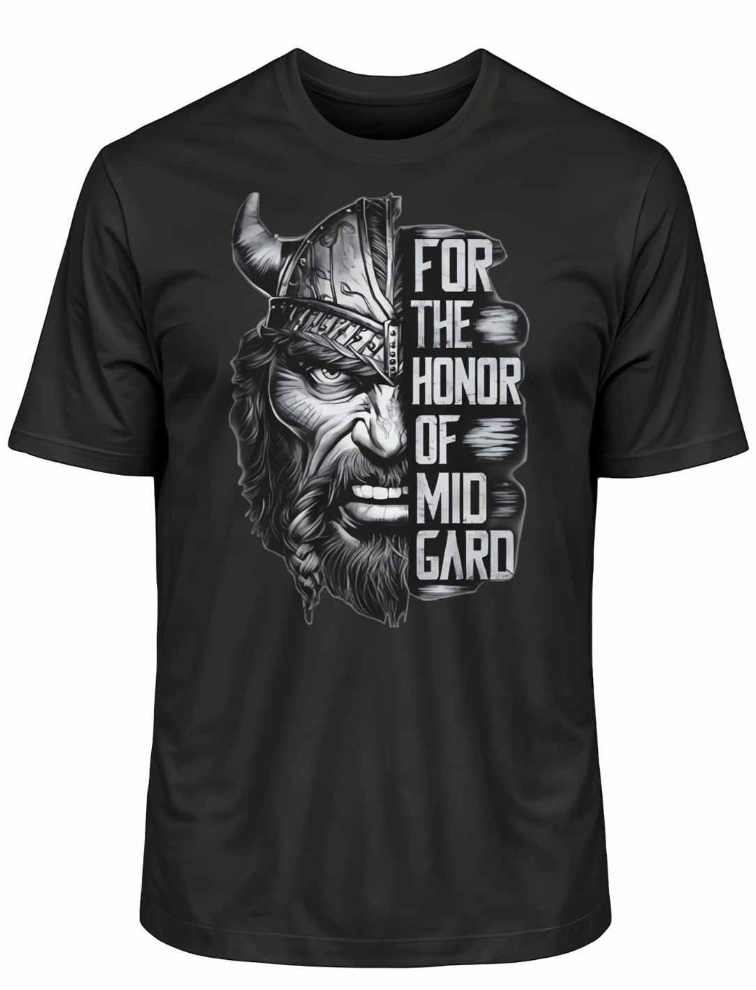 Schwarzes 'The Honor of Midgard' T-Shirt auf weißem Hintergrund, mit einem kräftigen Druck, der nordische Krieger und Mythen symbolisiert.