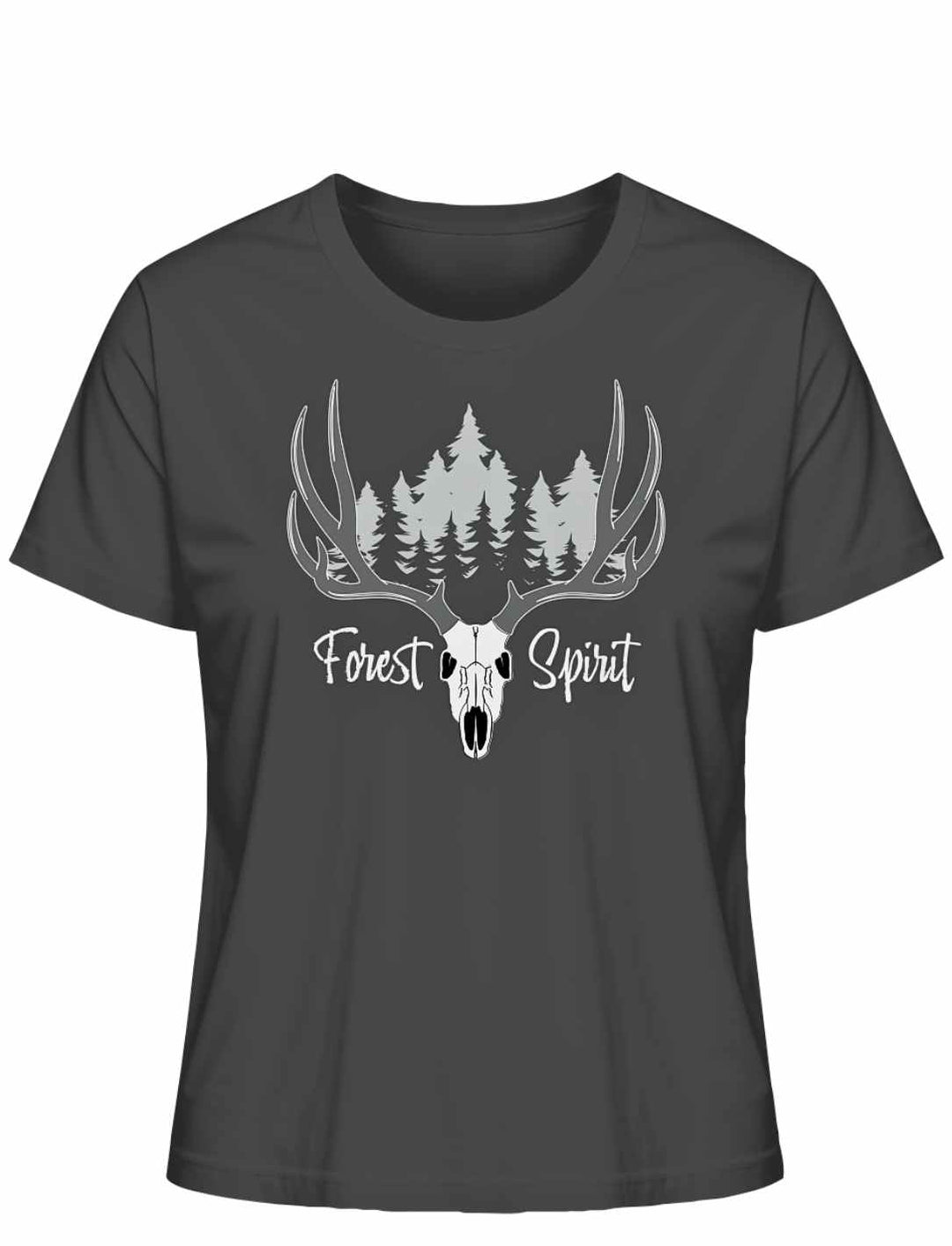 Anthrazitfarbenes “Forest Spirit” Damen-Shirt auf weißem Hintergrund – Dunkles Grau mit mystischem Waldmotiv und Hirschgeweih.