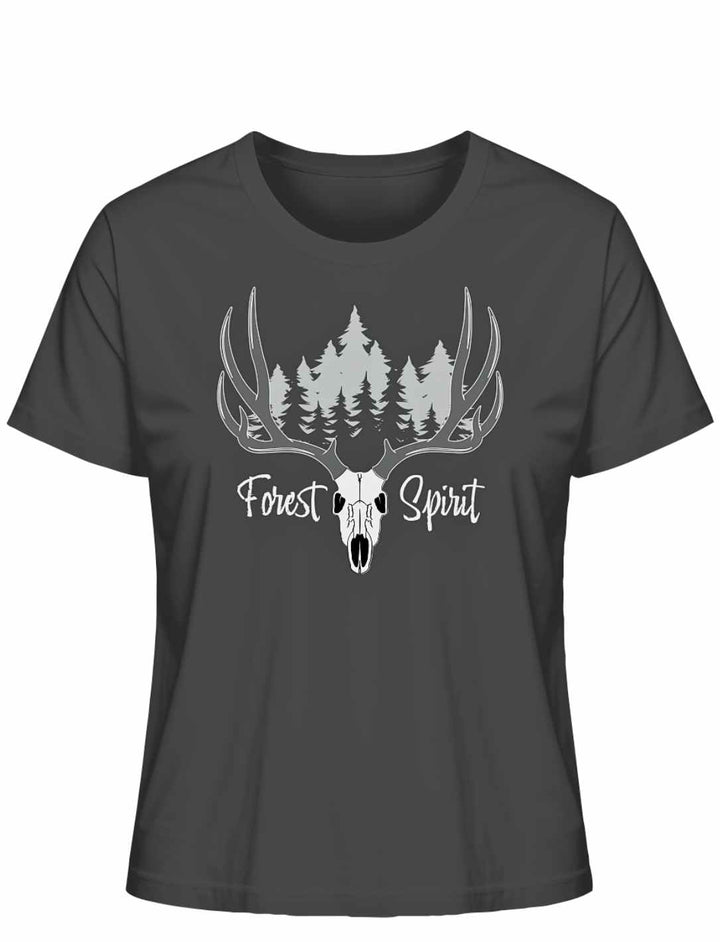 Anthrazitfarbenes “Forest Spirit” Damen-Shirt auf weißem Hintergrund – Dunkles Grau mit mystischem Waldmotiv und Hirschgeweih.