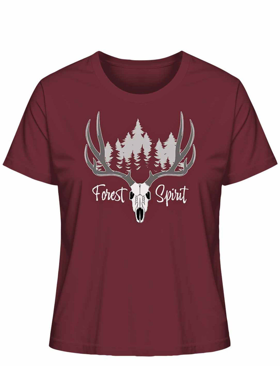 Burgunderrotes “Forest Spirit” Damen-Shirt auf weißem Hintergrund – Ausdrucksstarkes Wald- und Hirschgeweih-Design.