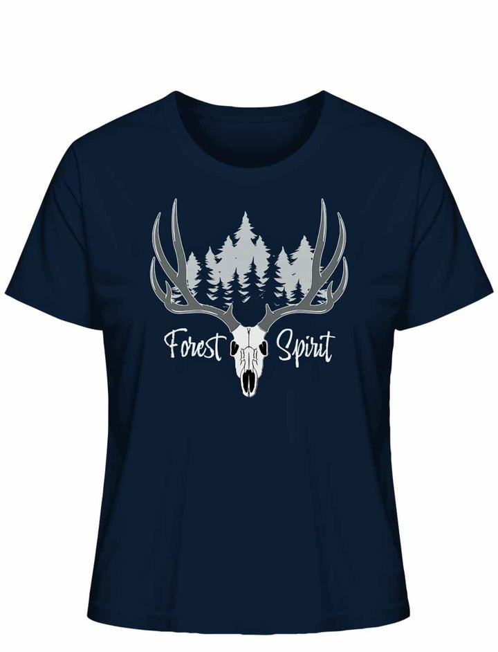 Navyblaues “Forest Spirit” Damen-Shirt auf weißem Hintergrund – Dunkles Blau trifft auf mystisches Wald-Design mit Hirschgeweih.