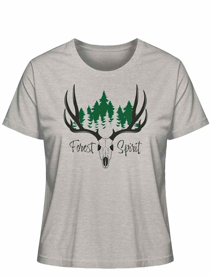 Heather Grey “Forest Spirit” Damen-Shirt auf weißem Hintergrund – Zeitloses Grau mit Naturmotiv und Hirschgeweih.