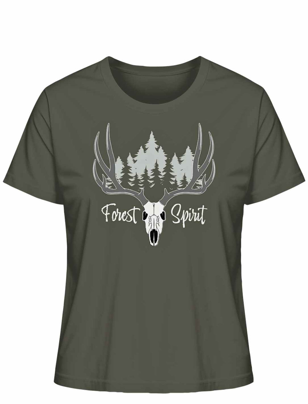 Khakifarbenes “Forest Spirit” Damen-Shirt auf weißem Hintergrund – Erdiges Khaki mit Wald- und Hirschgeweih-Design.