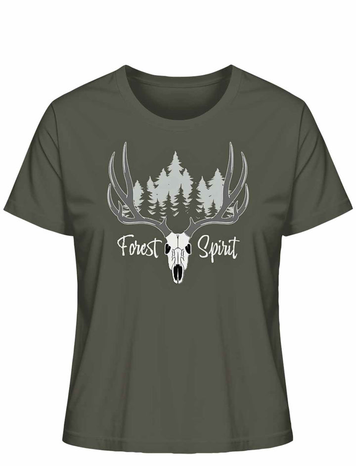 Khakifarbenes “Forest Spirit” Damen-Shirt auf weißem Hintergrund – Erdiges Khaki mit Wald- und Hirschgeweih-Design.