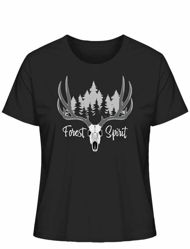 Schwarzes “Forest Spirit” Damen-Shirt auf weißem Hintergrund – Mystisches Design mit Hirschgeweih und Waldmotiv.