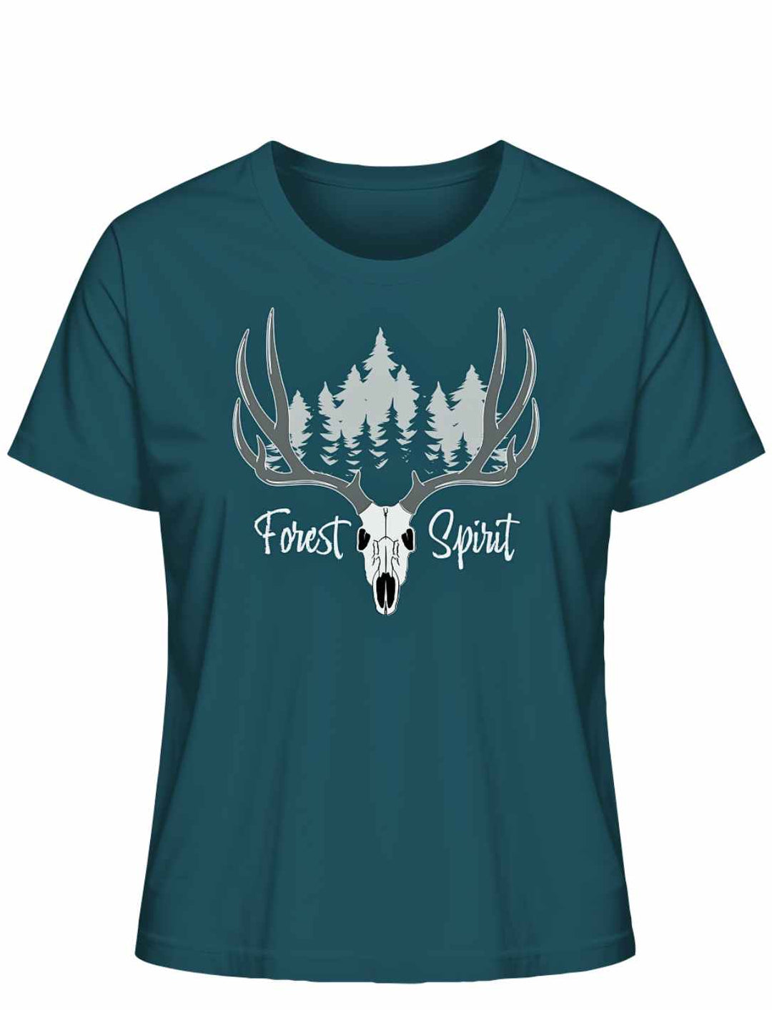 “Forest Spirit” Damen-Shirt in der Farbe Stargazer auf weißem Hintergrund – mit kraftvollem Waldmotiv und Hirschgeweih.