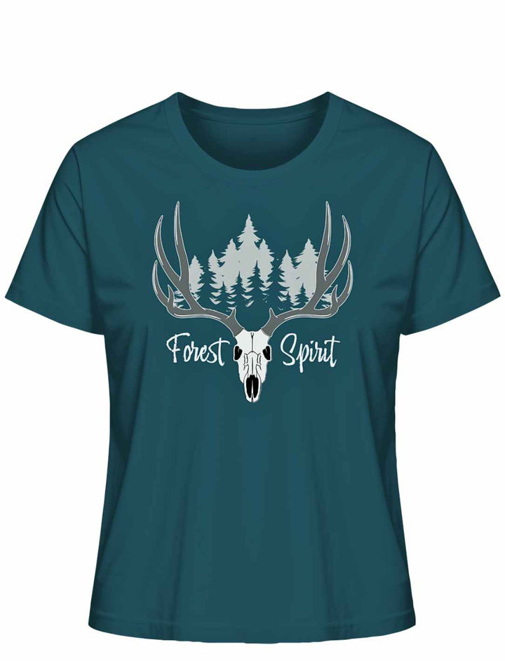 “Forest Spirit” Damen-Shirt in der Farbe Stargazer auf weißem Hintergrund – mit kraftvollem Waldmotiv und Hirschgeweih.