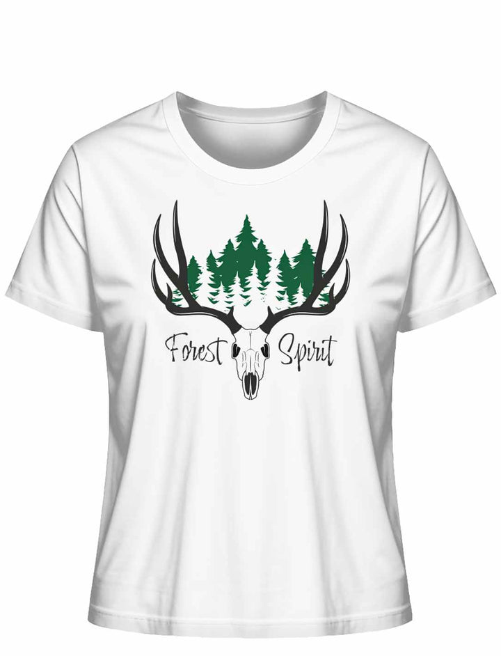 Weißes “Forest Spirit” Damen-Shirt auf weißem Hintergrund – Naturverbundenes Design mit Hirschgeweih und Waldmotiv.