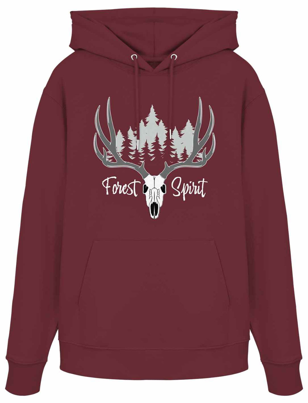 Hoodie in Weinrot mit weißem Wald- und Hirschschädel-Design.