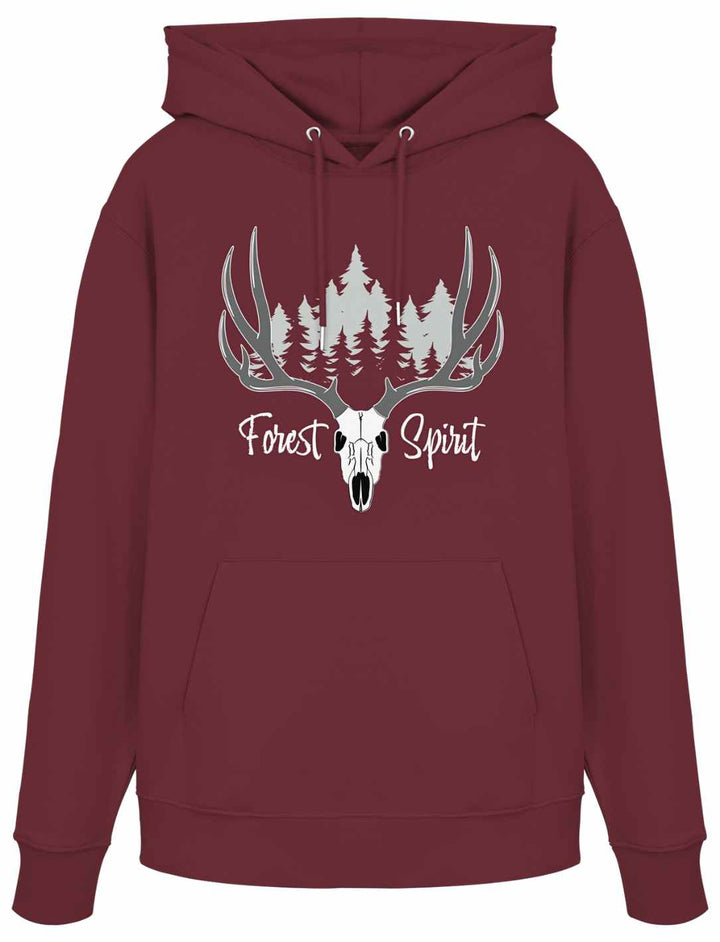 Hoodie in Weinrot mit weißem Wald- und Hirschschädel-Design.