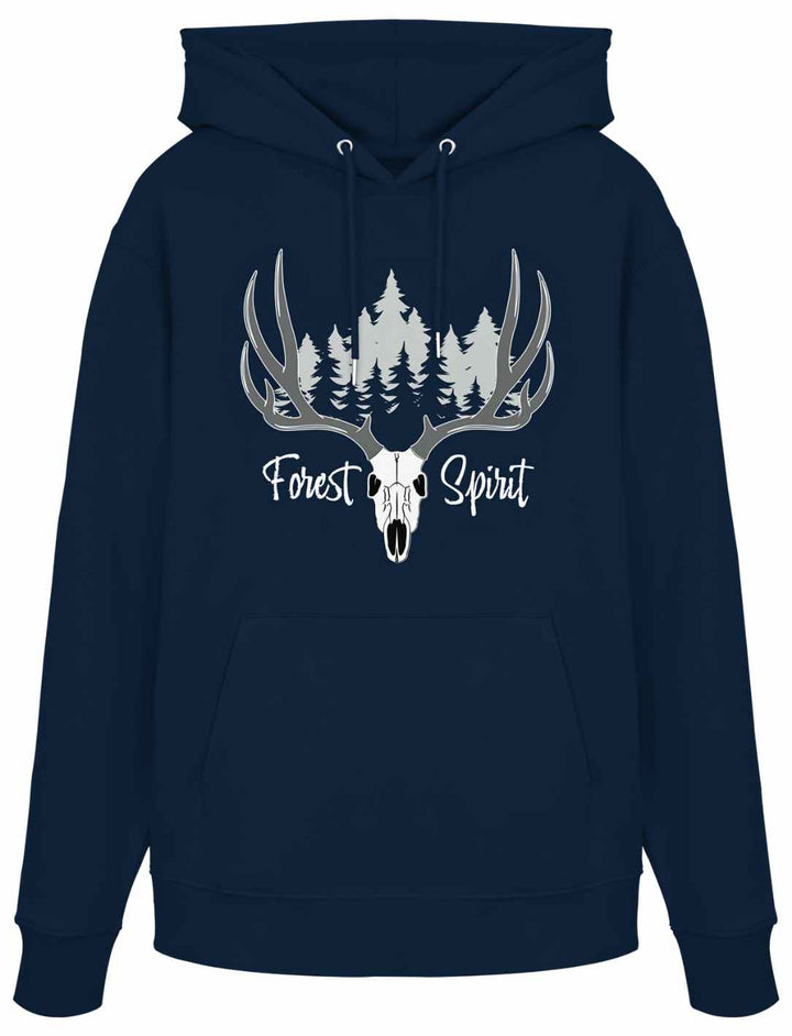 Hoodie in Navy mit weißem Fantasy-Motiv aus Bäumen und Hirschschädel.