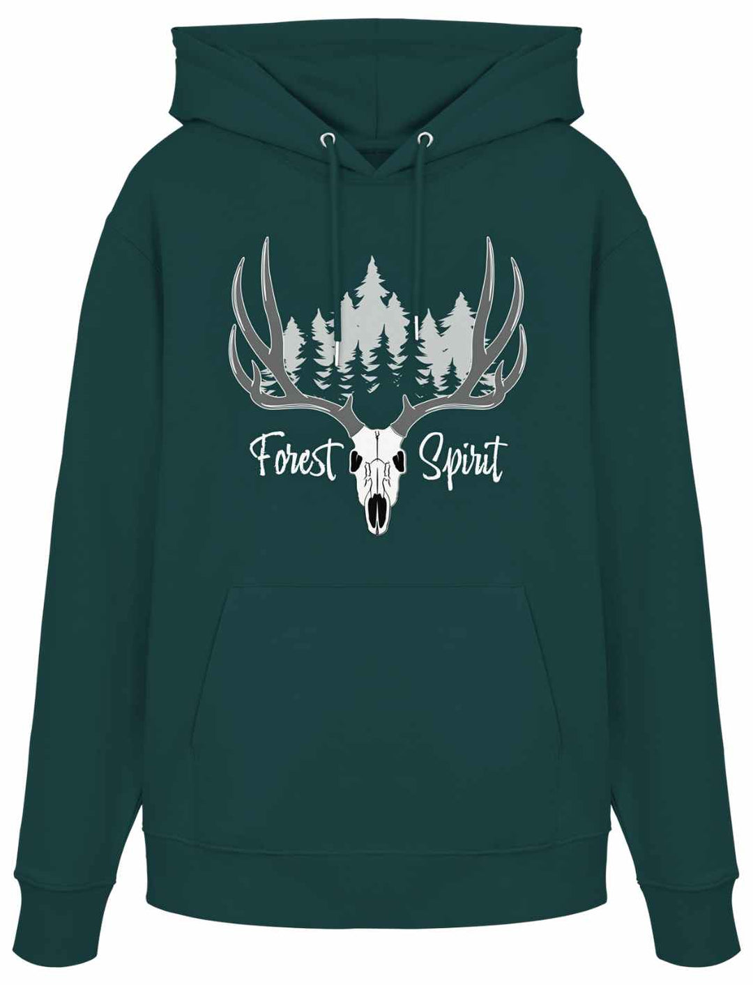 Hoodie in glazed green mit weißem Fantasy-Waldmotiv und Hirschschädel.