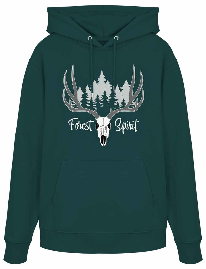 Hoodie in glazed green mit weißem Fantasy-Waldmotiv und Hirschschädel.