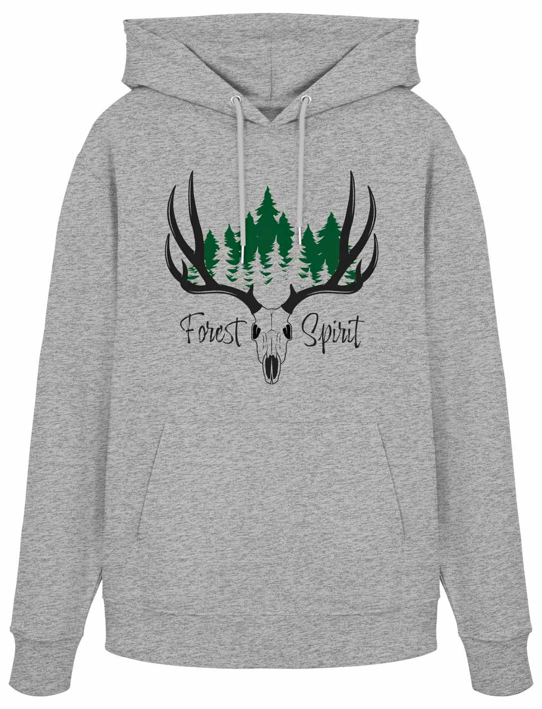 Hoodie in Hellgrau meliert mit grünem Waldmotiv und schwarzem Hirschschädel.