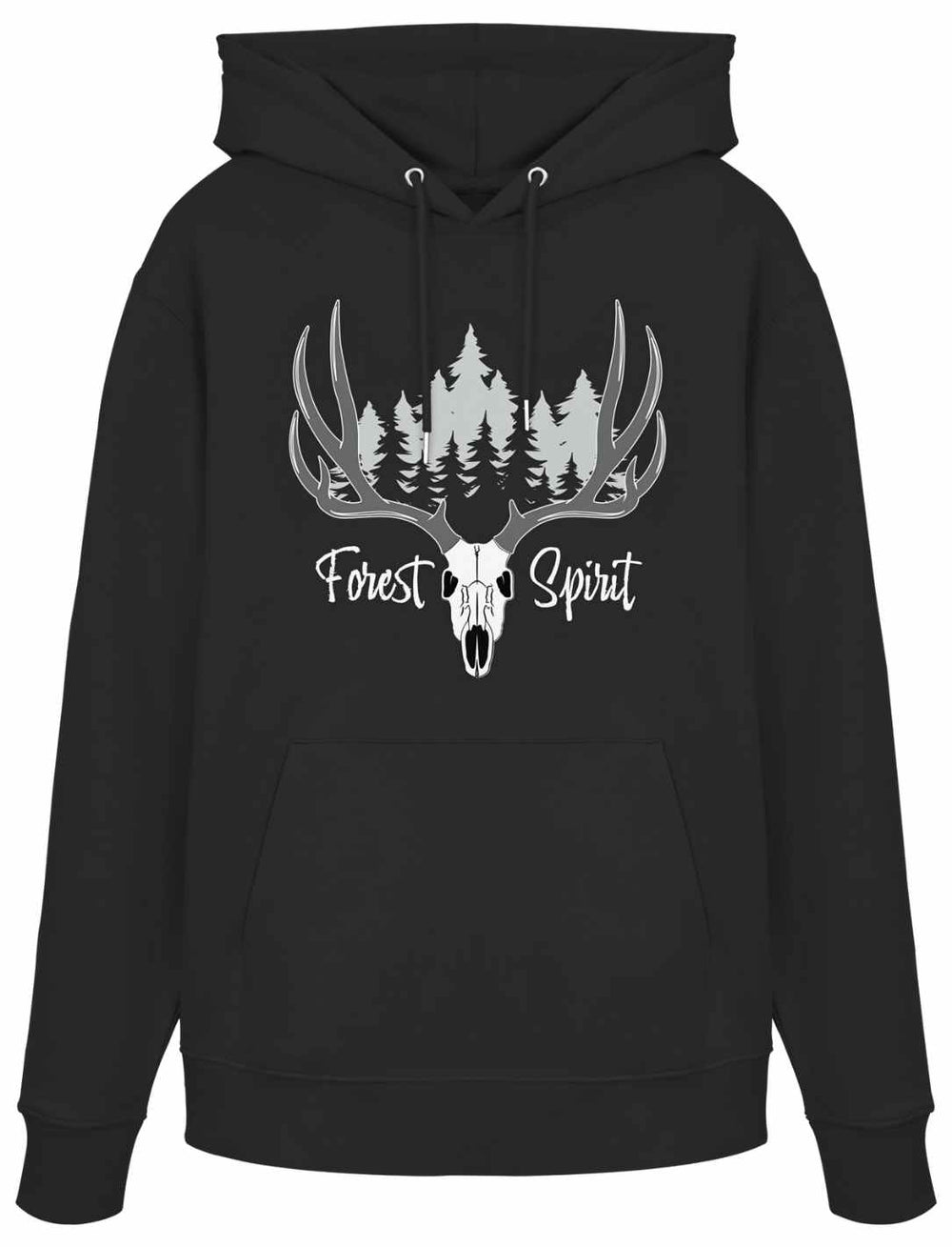 Hoodie in Schwarz mit weißem Wald- und Hirschschädel-Motiv, mystischer Fantasy-Stil.