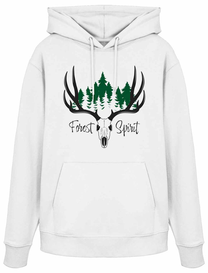Hoodie in Weiß mit schwarzem Hirschschädel und grünem Wald-Design.