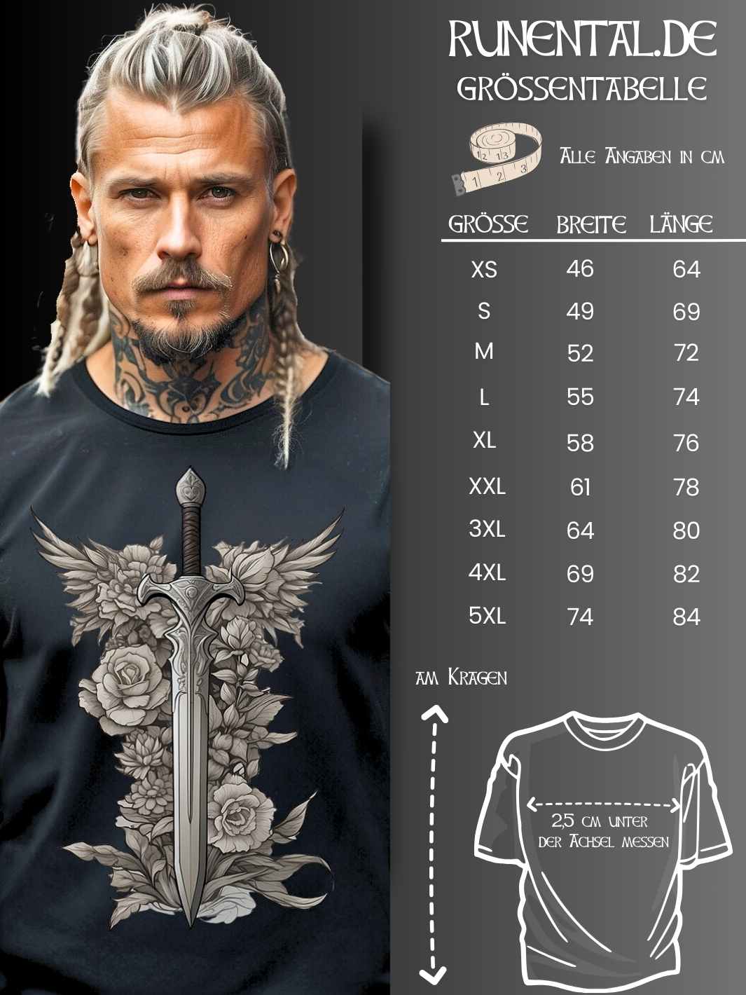 Größentabelle für das 'Schwert des Sylvanritters' T-Shirt, detailliert mit Maßen für Unisex-Größen, um die perfekte Passform zu finden