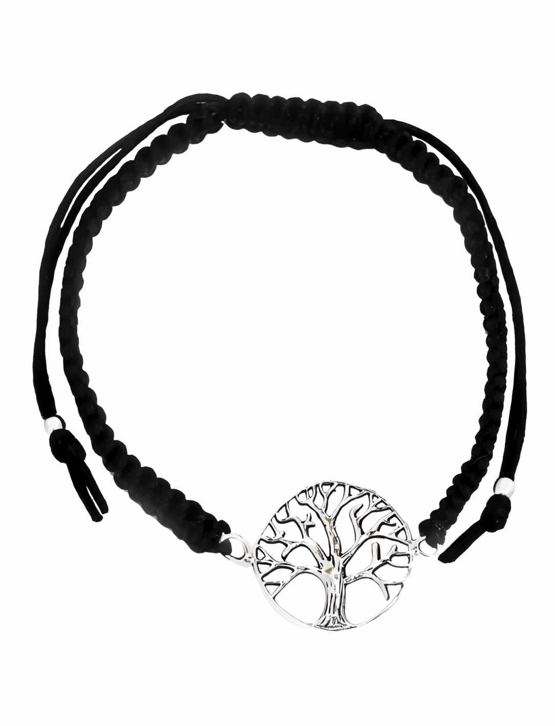 Geflecht des Lebensbaums Armband auf weißem Hintergrund – Ein fein gearbeiteter 925 Sterling Silber Lebensbaum-Anhänger an einem schwarzen, größenverstellbaren Stoffarmband, symbolisiert Wachstum und natürliche Harmonie.
