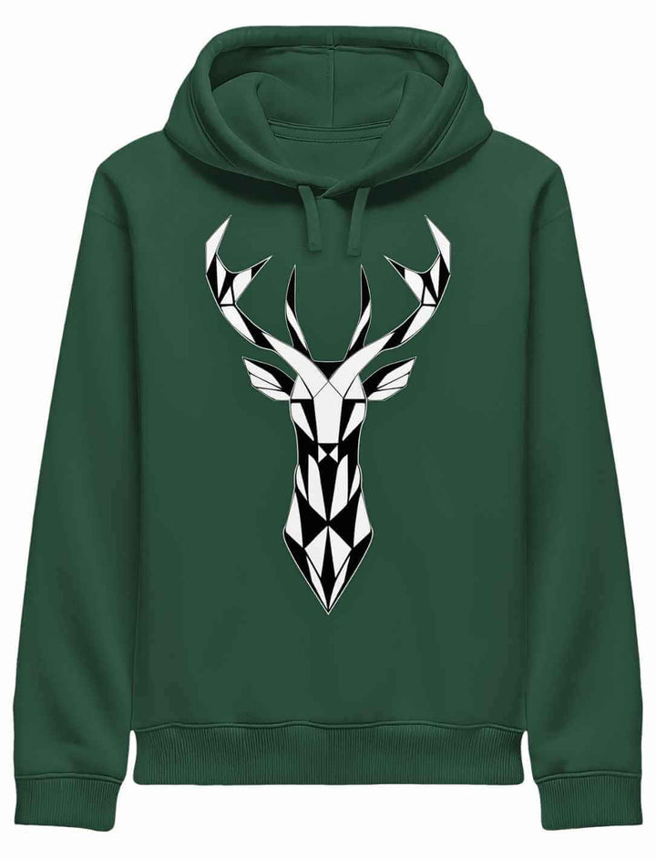 Grüner Hoodie mit geometrischem Hirschkopf Print, naturinspiriertes Design, Unisex Bio Baumwolle