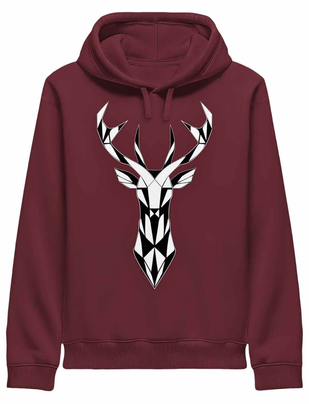 Burgunder Hoodie mit geometrischem Hirsch Design, Unisex Bio Baumwolle, moderne Streetwear Vorderseite