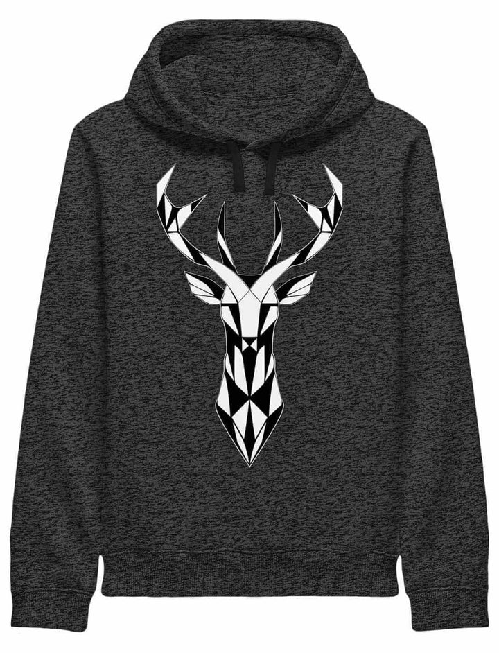 Dunkelgraue melierter Hoodie mit geometrischem Hirsch Motiv, modernes Design, Unisex Bio Baumwolle
