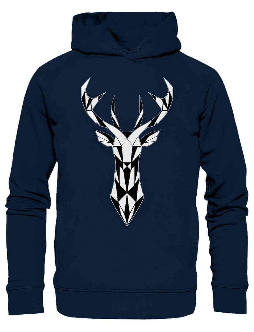 French Navy Hoodie „Geometric Deer“ – Eleganter Hoodie mit stilisiertem Hirschkopf in polygonaler Form, für Fans von Mythen und Wildnis, auf weißem Hintergrund.