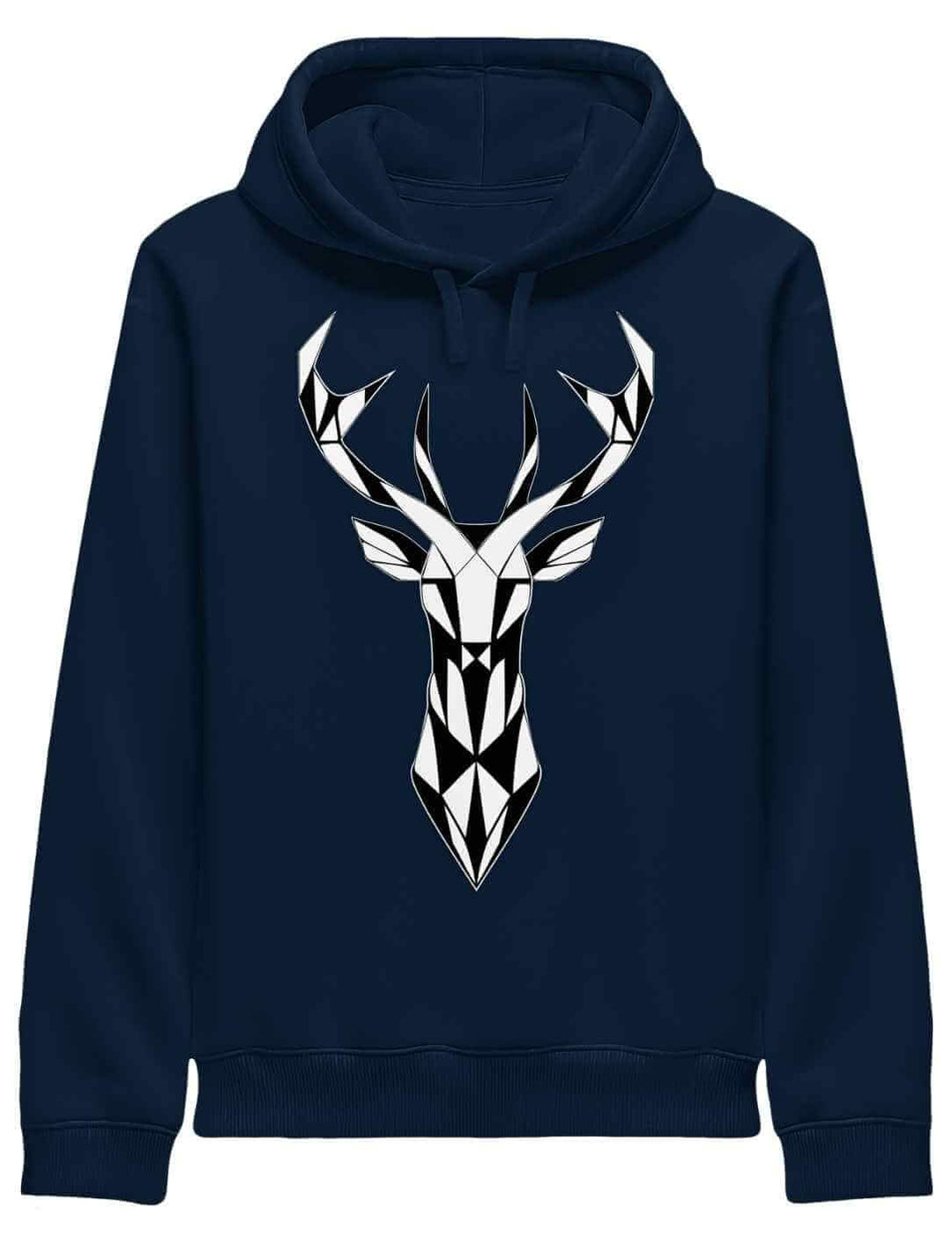 Navy Hoodie mit Hirsch Motiv, geometrisches Tierdesign, Unisex Bio Baumwolle Vorderansicht