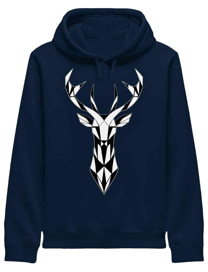 Navy Hoodie mit Hirsch Motiv, geometrisches Tierdesign, Unisex Bio Baumwolle Vorderansicht
