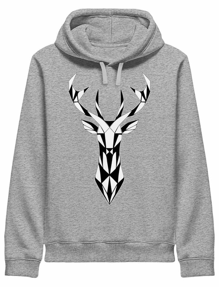 Hellgraue melierter Hoodie mit Hirsch Design, minimalistischer Look, Unisex Bio Baumwolle