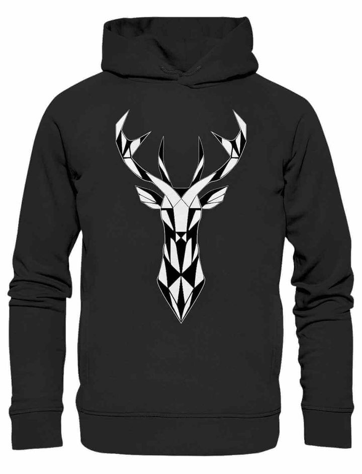 Schwarzer Hoodie „Geometric Deer“ – Ein Hoodie mit geometrischem Hirsch-Design, inspiriert von Mythologie und Natur, auf weißem Hintergrund.