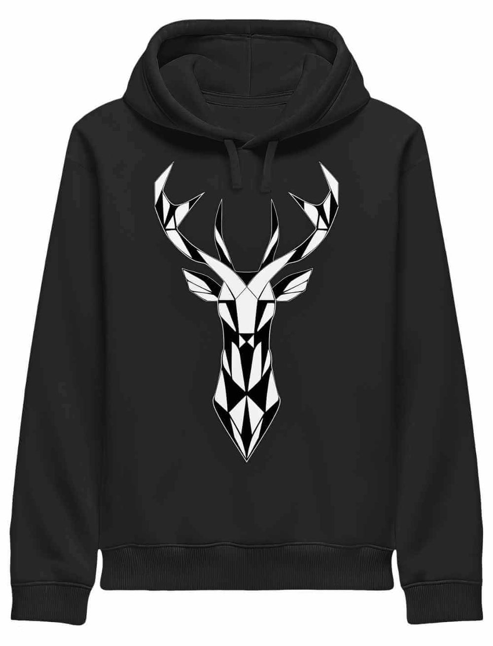 Schwarzer Geometric Deer Hoodie mit weißem Hirschkopf Print, Unisex Bio Baumwolle, Vorderansicht
