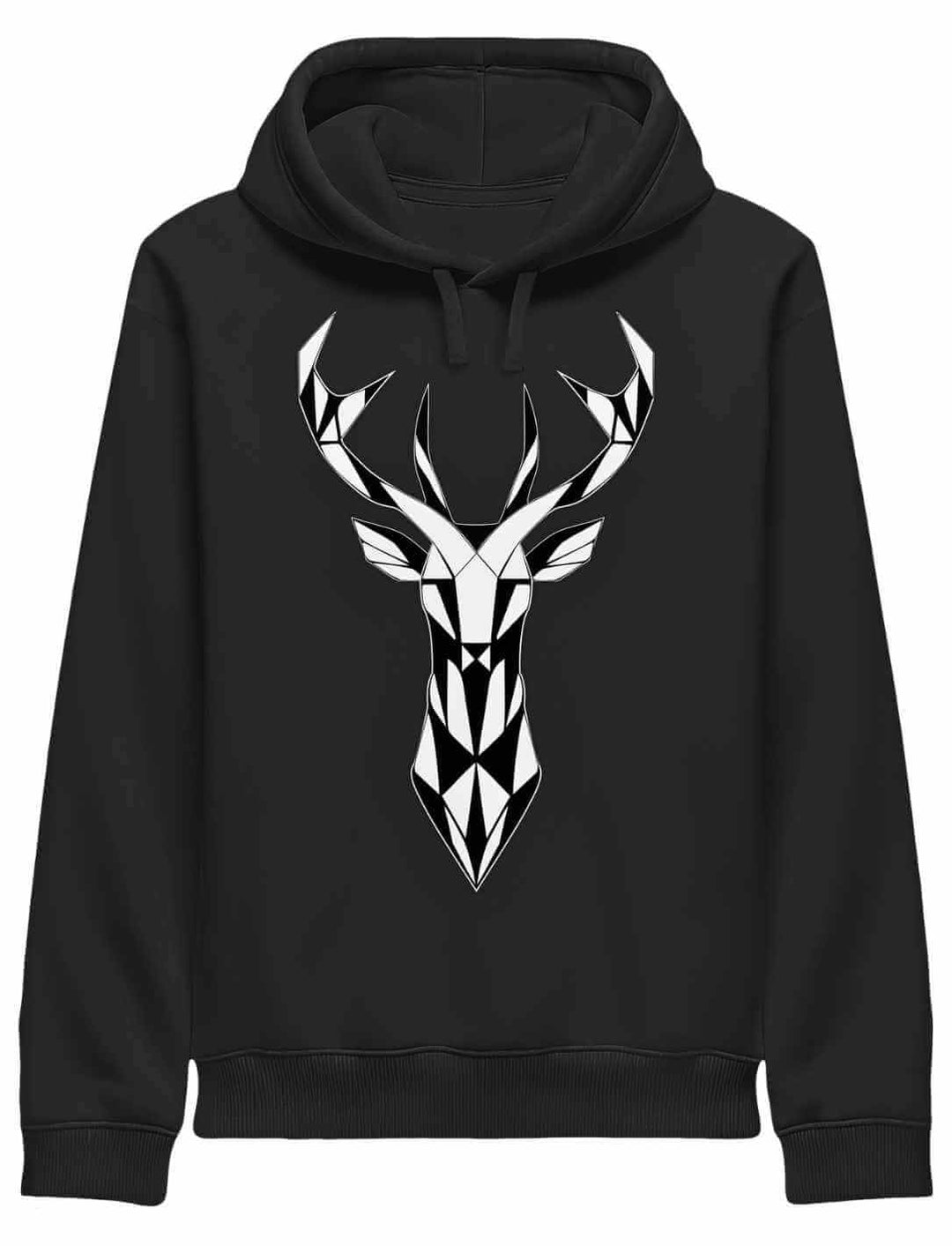 Schwarzer Geometric Deer Hoodie mit weißem Hirschkopf Print, Unisex Bio Baumwolle, Vorderansicht