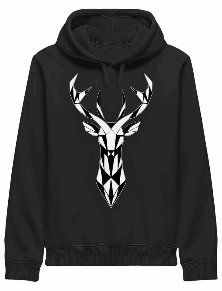 Schwarzer Geometric Deer Hoodie mit weißem Hirschkopf Print, Unisex Bio Baumwolle, Vorderansicht