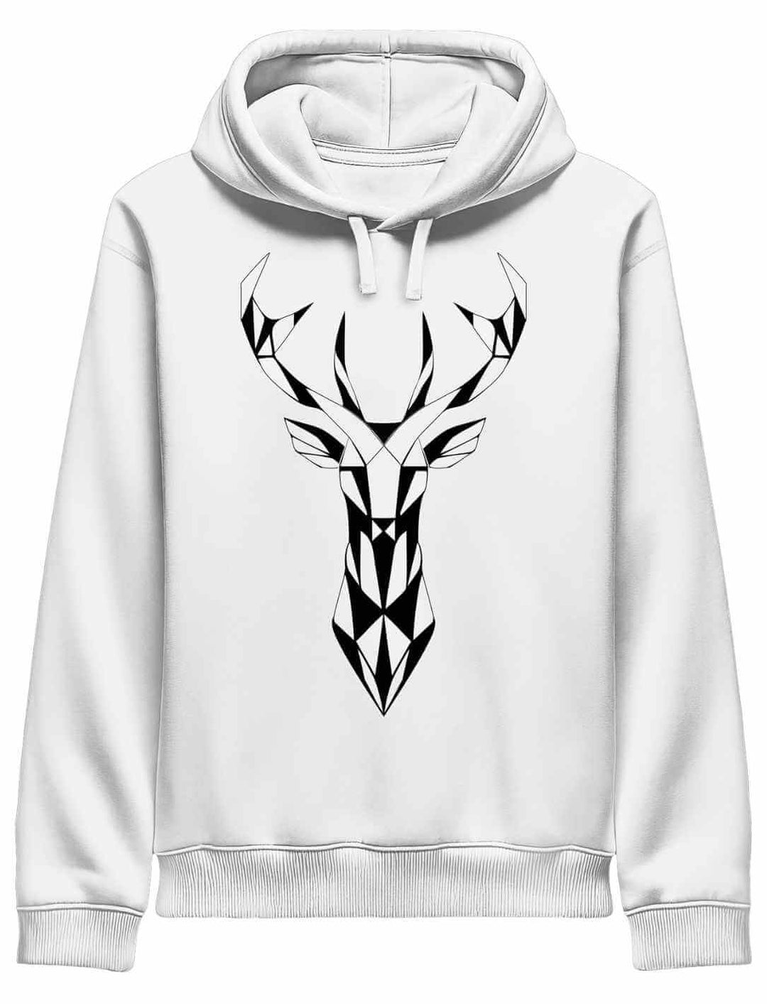 Weißer Hoodie mit stilisiertem Hirschkopf, geometrisches Design, nachhaltige Bio Baumwolle Unisex
