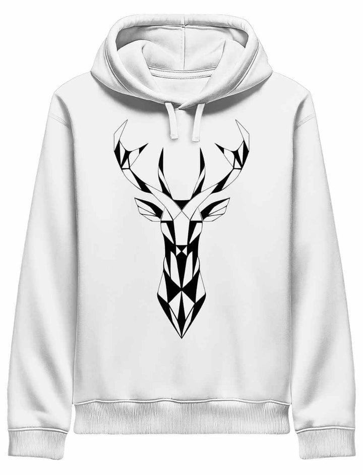 Weißer Hoodie mit stilisiertem Hirschkopf, geometrisches Design, nachhaltige Bio Baumwolle Unisex