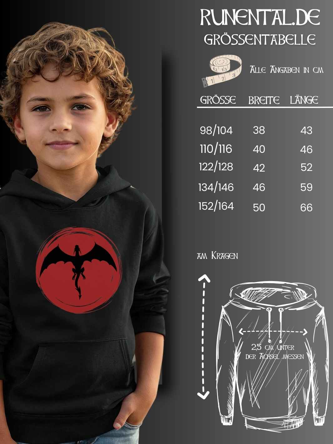 Groessentabelle des Organic Kinder Hoodies von Runental.de