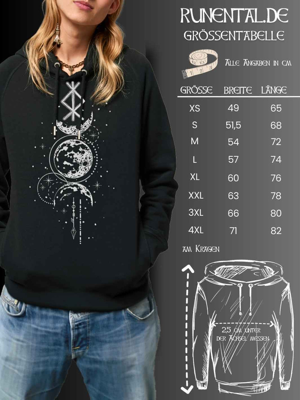 Grössentabelle von Rune des Mondschein Wächters Unisex Hoodie aus Bio-Baumwolle und recyceltem Polyester von Runental.de.