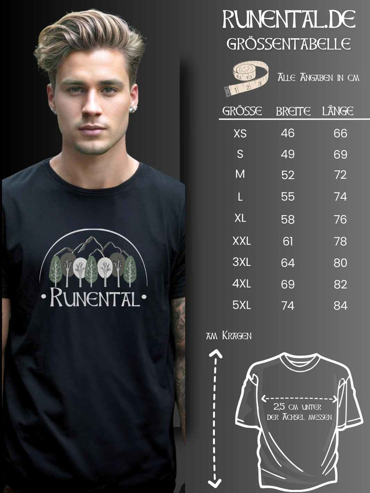 Detaillierte Größentabelle des Runental Fanwear Unisex Organic T-Shirts.