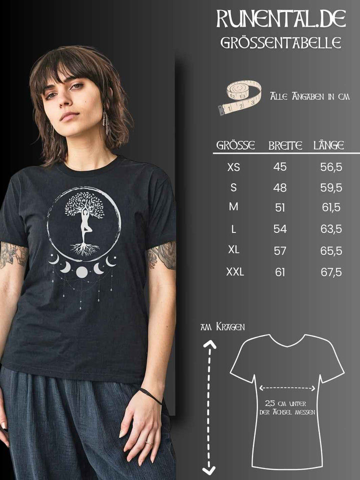 Groessentabelle des Damen T-Shirts: "Seelenbaum der Mondträunmer". Zur Ermittlung der optimalen Größe.