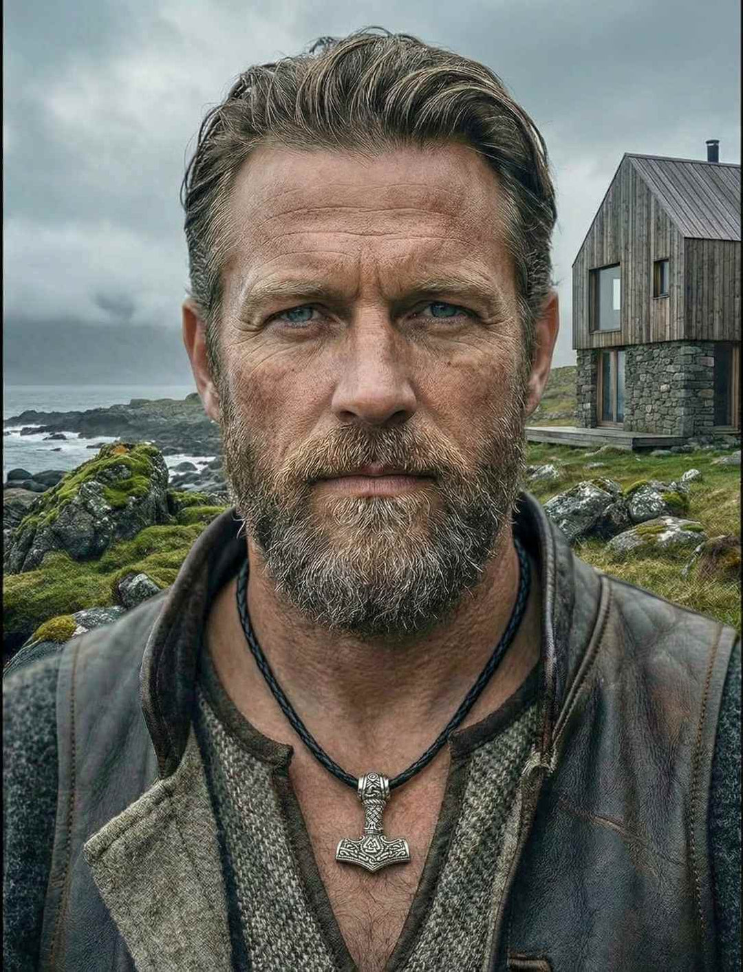 Mann trägt Hammer der alten Wege mit geflochtenem Lederband. Fotografiert an einer rauhen Küste bei Nebel.