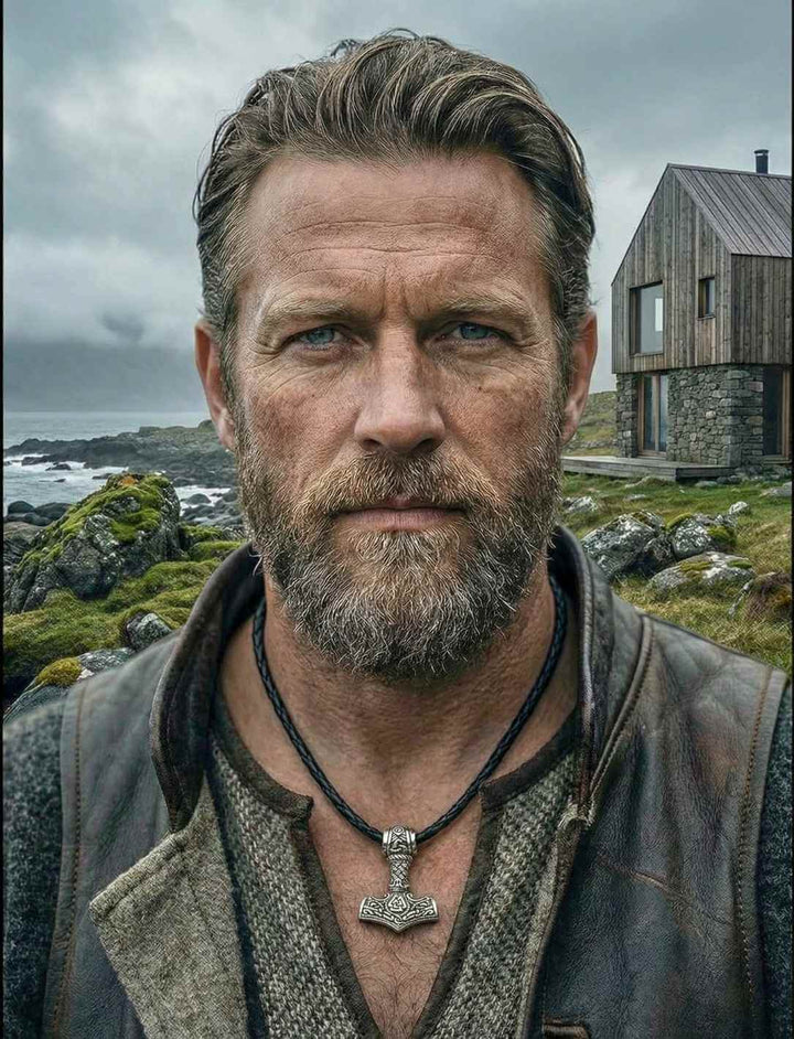 Mann trägt Hammer der alten Wege mit geflochtenem Lederband. Fotografiert an einer rauhen Küste bei Nebel.