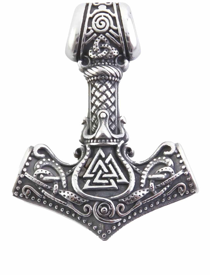 Der doppelseitig gravierte Edelstahlanhänger ‘Hammer von Asgard’ mit kunstvollen nordischen Symbolen, perfekt als Talisman oder stilvolles Accessoire.