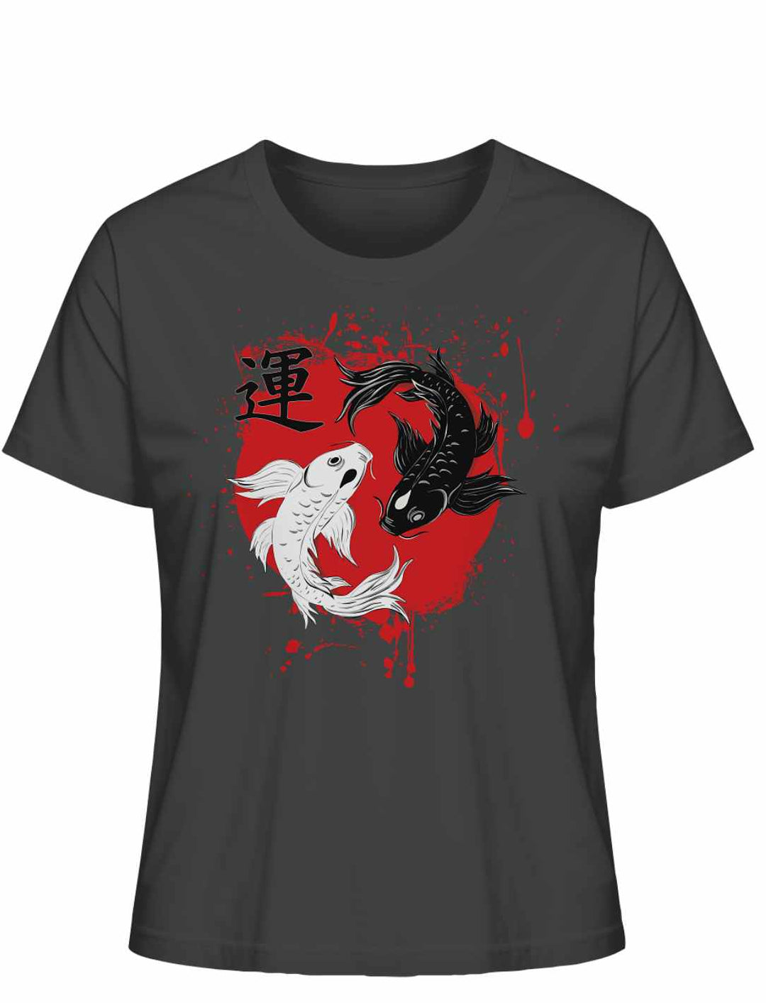 Harmonic Koi Damen T-Shirt in Anthrazit mit traditionellem japanischen Muster, Liegedarstellung auf weissem Hintergrund.