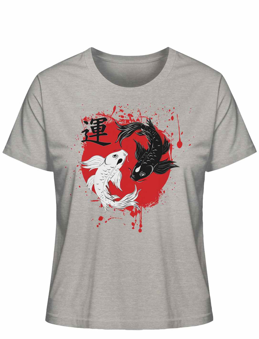 Harmonic Koi Damen T-Shirt in Heather Grey mit traditionellem japanischen Muster, Liegedarstellung auf weissem Hintergrund.