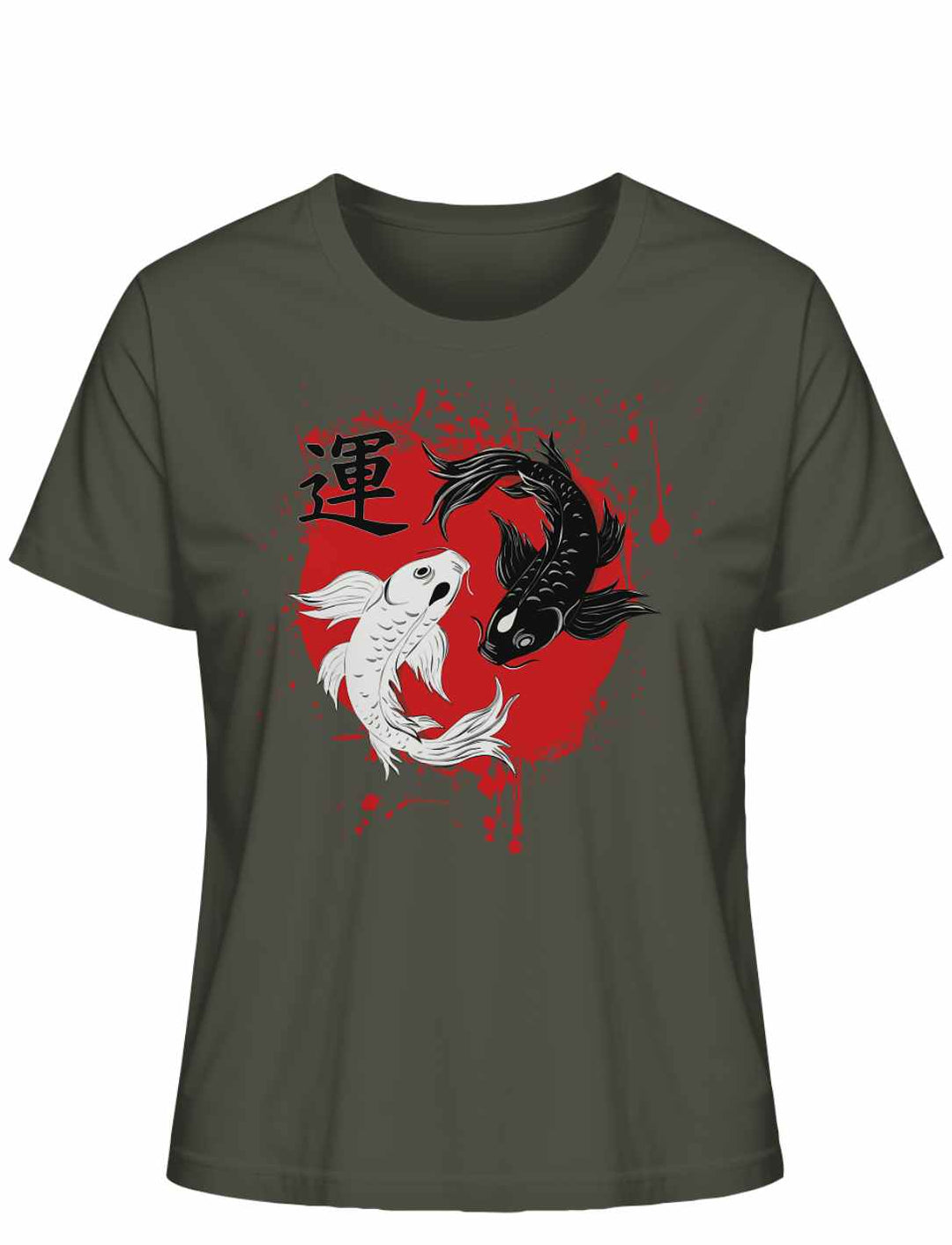 Harmonic Koi Damen T-Shirt in Khaki mit traditionellem japanischen Muster, Liegedarstellung auf weissem Hintergrund.