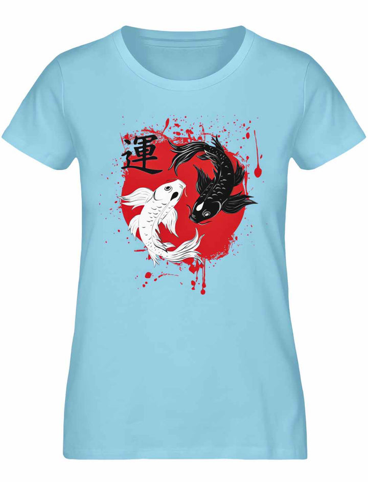 Harmonic Koi Damen T-Shirt in Hellblau – Sanfte Farbe, japanisch inspiriertes Muster